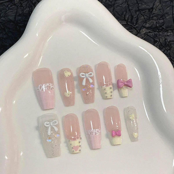10 Adorable Handmade French Press On Nails with Sweet Bow and Heart Design, Perfect for Parties – Includes Jelly Stickers & Nail File